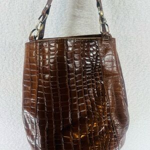 Debenhams Real Leather Brown Croc Embossed Shoulder Bucket Bag Tote Purse